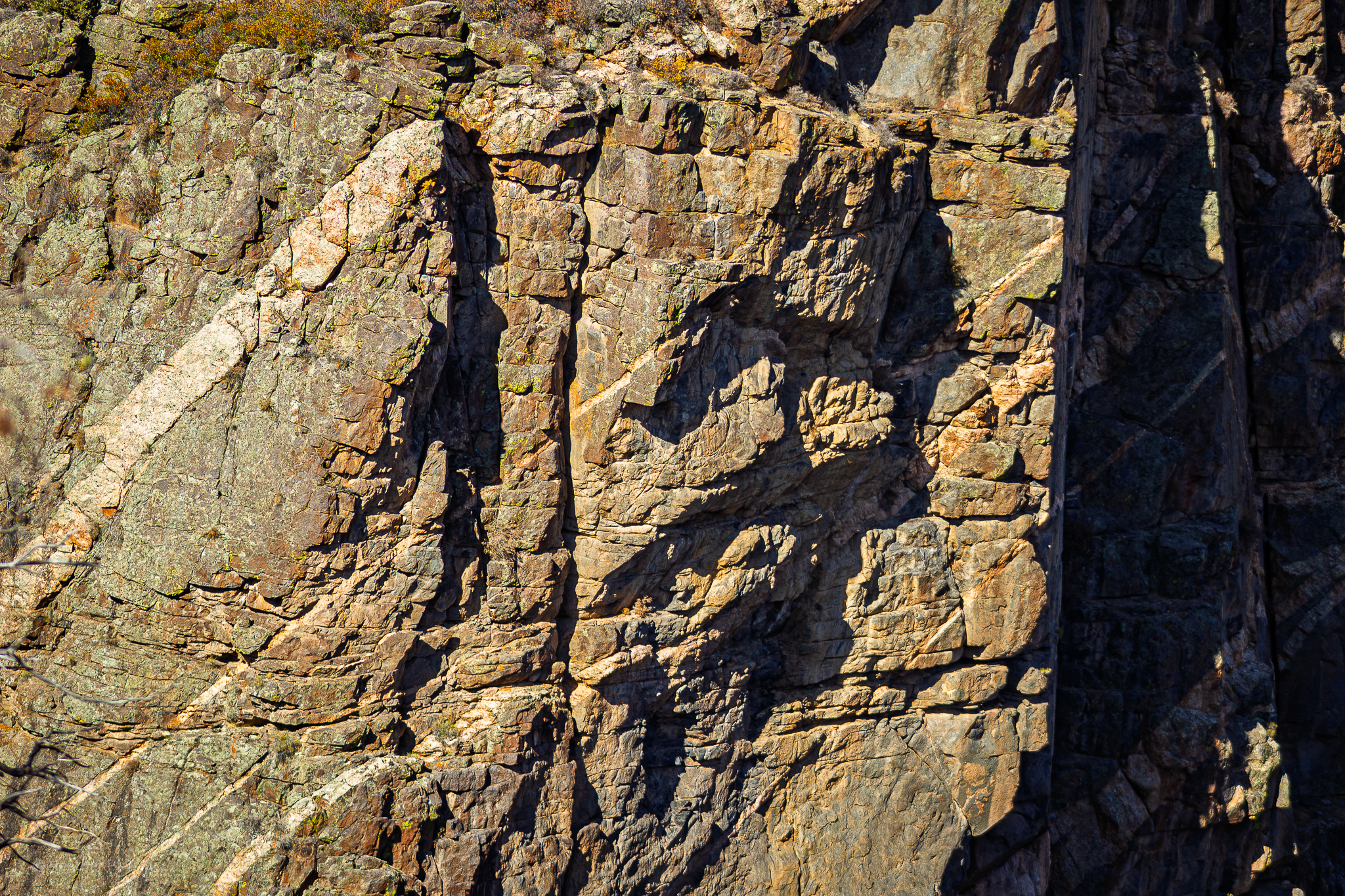 Pegmatite streaks in canyon walls at Black Canyon of the Gunniso
