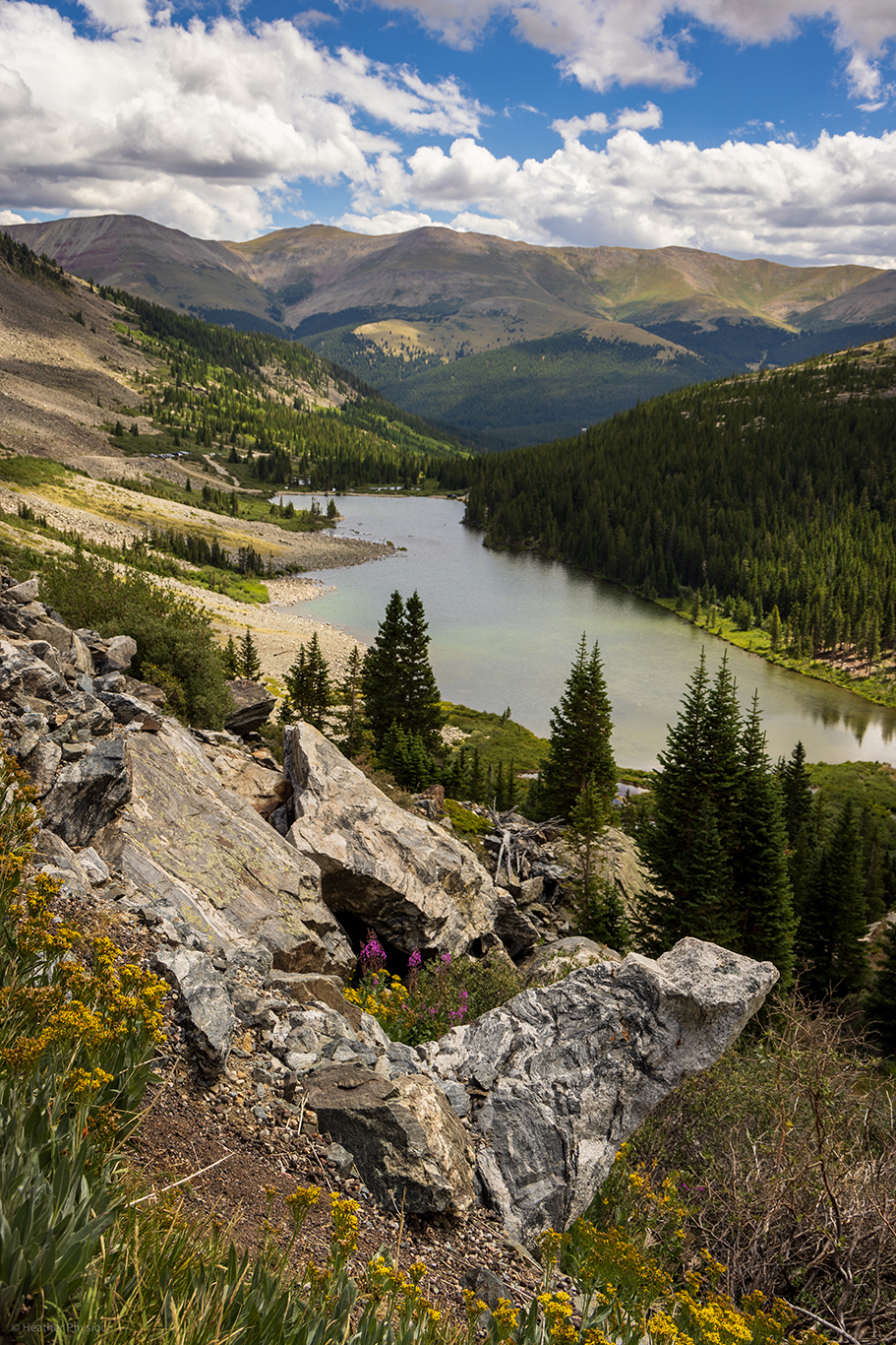 A view of Upper Blue Reservoir at McCullough Gulch Trail in Colorado