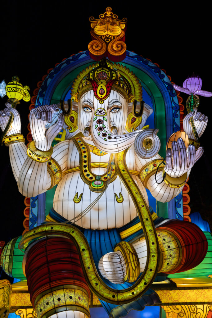 Ganesh illuminated silk and steel lantern sculpture at 2023 GloWild event at the Kansas City Zoo & Aquarium