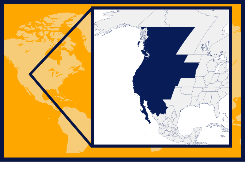 A stylized map highlights the western region of North America in dark blue, enclosed in a sharp geometric frame on a yellow-orange background. The zoomed-in section shows the Pacific-facing states and provinces of the United States, Canada, and Mexico, extending from Alaska and British Columbia in the north, down through the U.S. West Coast and Rocky Mountain states, and into central Mexico. The highlighted area includes states like California, Oregon, Washington, Arizona, Utah, and parts of others stretching eastward into the Great Plains. The bold navy shape dramatically contrasts against the pale basemap, creating a striking visual focus on the North American western corridor. The background map faintly displays the surrounding continents in lighter tones, reinforcing the regional spotlight effect.