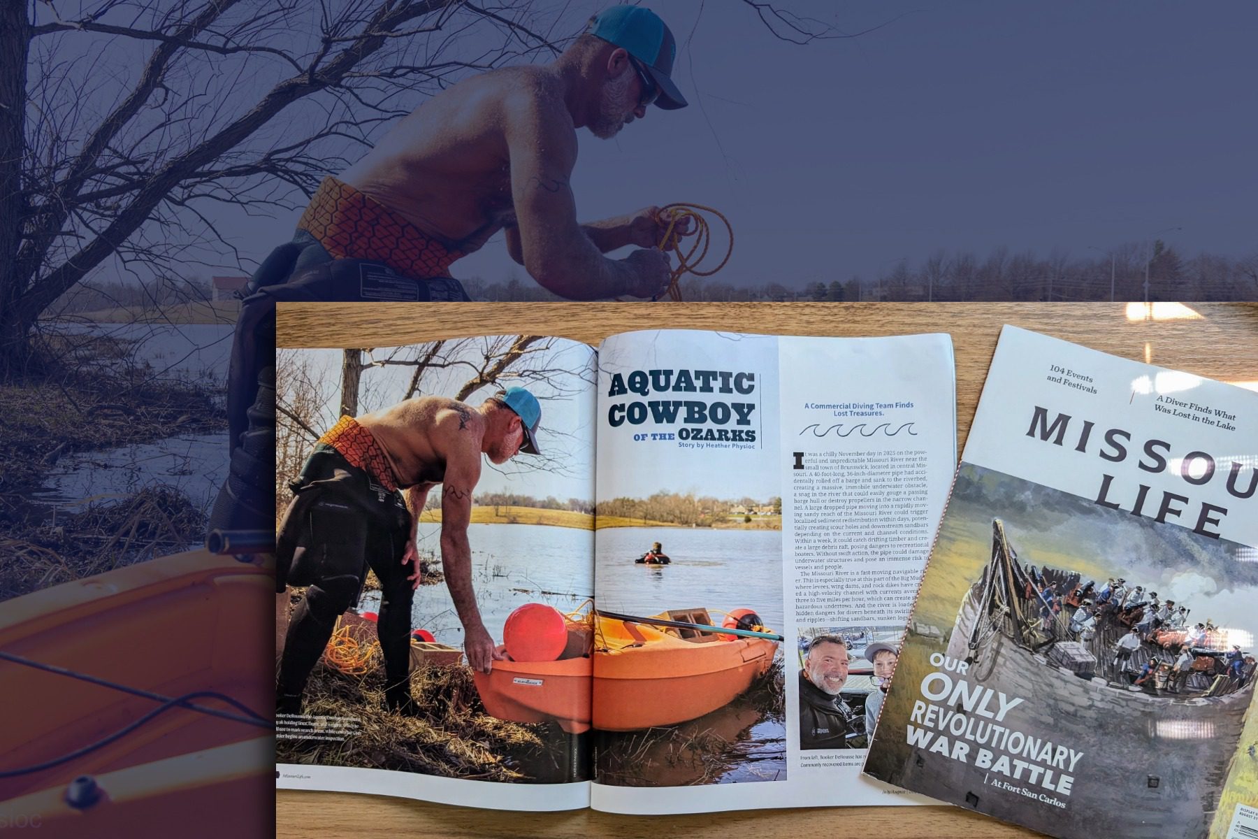 Ozark river diving article snapshot and Missouri Life Magazine cover from July/August 2026